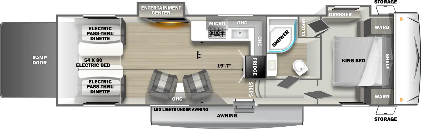 The 3300RLT fifth wheel has 2 slide outs on the off-door side, 1 entry door and 1 rear ramp door. Exterior features include an awning with LED lights and front opposing side storage access. Interior layout from front to back includes front bedroom with foot-facing King bed, shelf over the bed, front corner wardrobes, front facing closet and off-door side slideout holding a dresser; off-door side bathroom with radius shower, toilet and single sink vanity; 3 steps down into the kitchen area with off-door side L-shaped countertop, stovetop, L-Shaped overhead cabinets, sink and rear facing refrigerator; 2 door side recliners with end table; ceiling fan; off-door side slideout holding and entertainment center; and rear 54 x 80 electric bed over electric pass-through dinette. Cargo length from rear of unit to refrigerator is 19 ft. 7 in. Cargo width from countertop to door side wall is 77 inches.